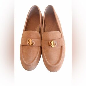 Ralph Lauren Camel Suede Loafers with Gold RL Hardware